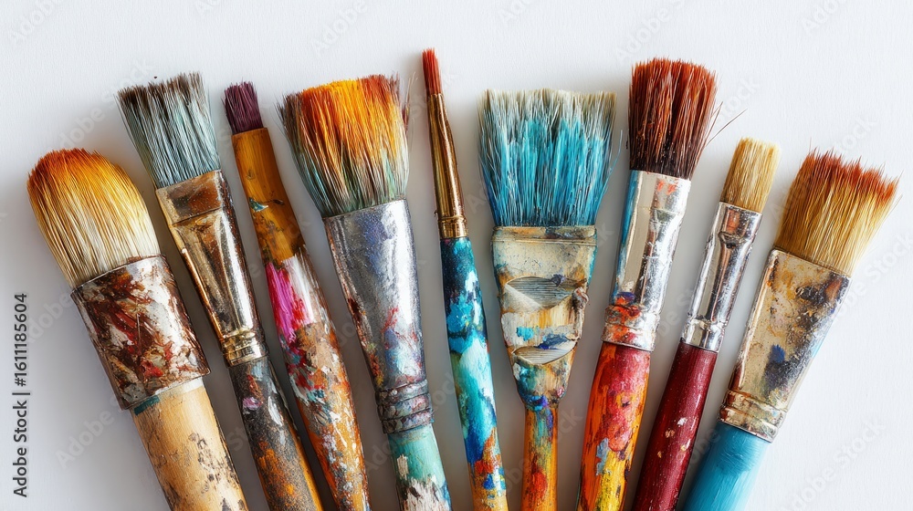 Fototapeta premium Top view of assorted paint brushes arranged on a white surface