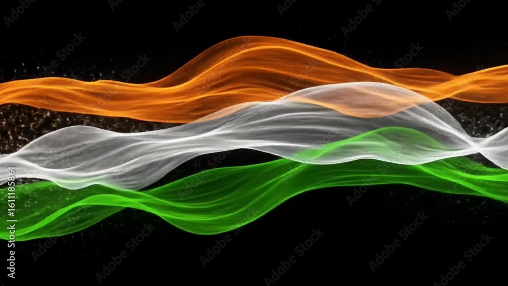 Dynamic Waving Indian Flag Animation with Glowing Silk Ribbons on Black Background. 4k Footage Background Animation Video