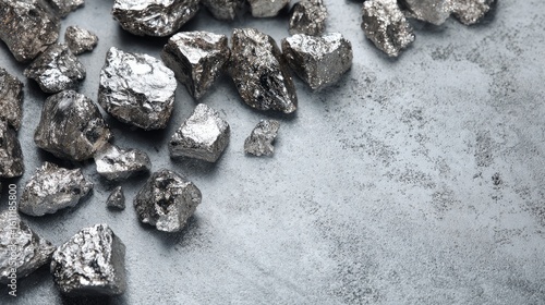 Top view of scattered silver nuggets on a gray table, room left for additional content