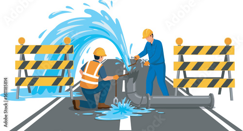 Two construction workers repair a burst water main causing a road closure.