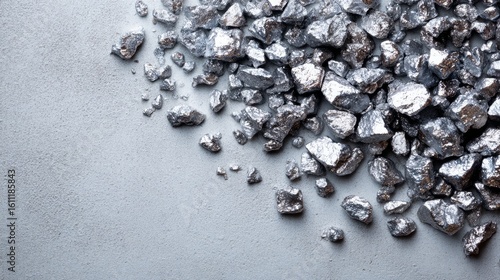 Top view of scattered silver nuggets on a gray table, room left for additional content