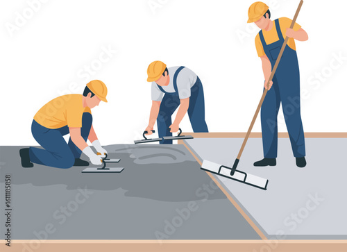 Construction workers laying concrete on a new floor surface using tools like trowels and a squeegee.