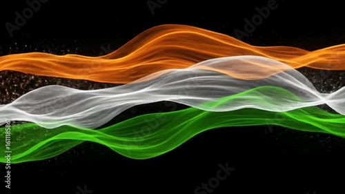 Dynamic Waving Indian Flag Animation with Glowing Silk Ribbons on Black Background. 4k Footage Background Animation Video