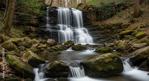 Idyllic Waterfall Cascading Through a Lush Forest Landscape with Mossy Rocks