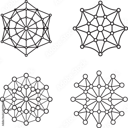 A set of four abstract geometric network patterns with nodes and connections, designed as minimalist mandalas.