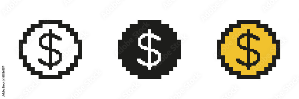 Fototapeta premium Pixel Art Dollar Symbol In Circle Icon Set. Pixelated Dollar Sign Inside Circle, Symbol Of Money Or Finance. Isolated Vector Illustration