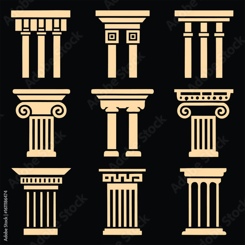 Columns line icon set. Ancient architecture pillars vector