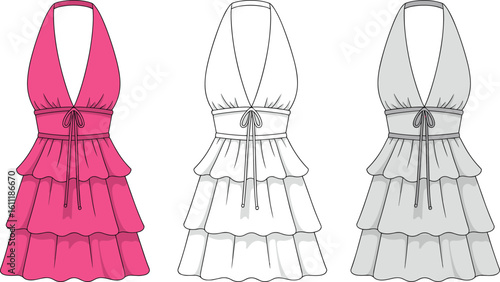 Halter neck tiered dress fashion illustration, V-neck summer design, cad drawing flat vector illustration, stylish garment layout  neck tiered dress fashion illustration, V-neck summer design, cad 