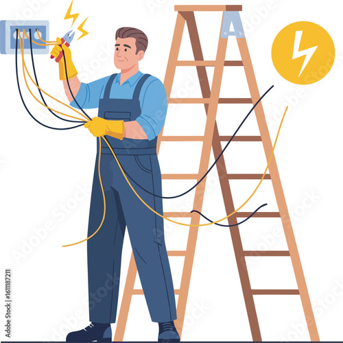 An electrician working on electrical wiring near a ladder, with safety precautions.