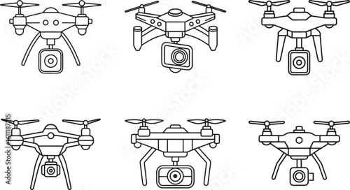 Set of six unmanned aerial vehicle line icons with cameras for modern technology illustration and aerial photography.