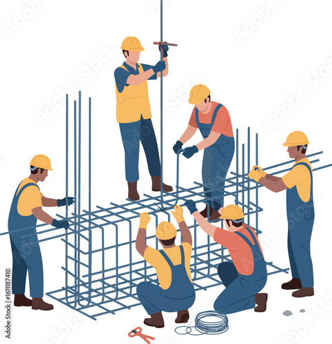 Construction workers collaborating to assemble steel reinforcement framework for a building.