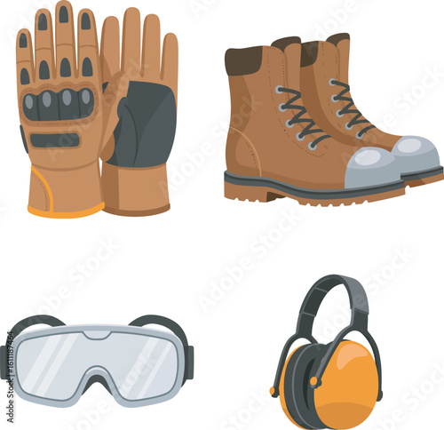 Protective work gear: gloves, boots, goggles, and earmuffs.