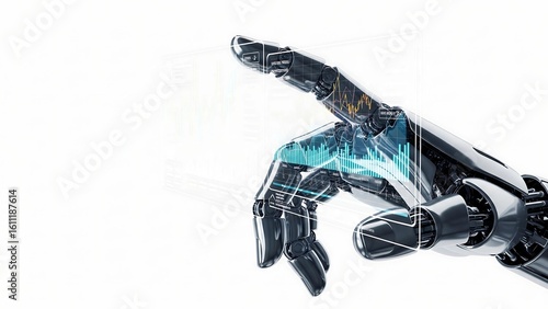 This image features a detailed robotic hand interacting with a transparent holographic screen displaying financial data and charts, symbolizing AI-driven analysis and futuristic business technology.