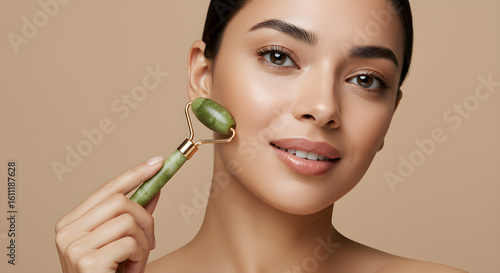 Beautiful woman massaging her face with a jade roller