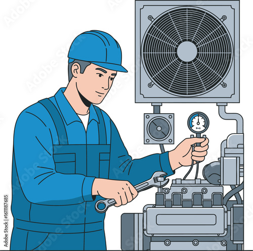 A technician in blue overalls examines a large engine, using tools and gauges for maintenance.