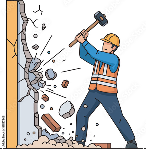 A construction worker uses a sledgehammer to demolish a wall, breaking it apart.