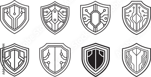 Set of futuristic cyber security shield icons. Collection of modern digital protection and defense emblems with circuit board line art designs.