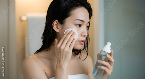 Young woman cleaning her face with cotton pad and toner