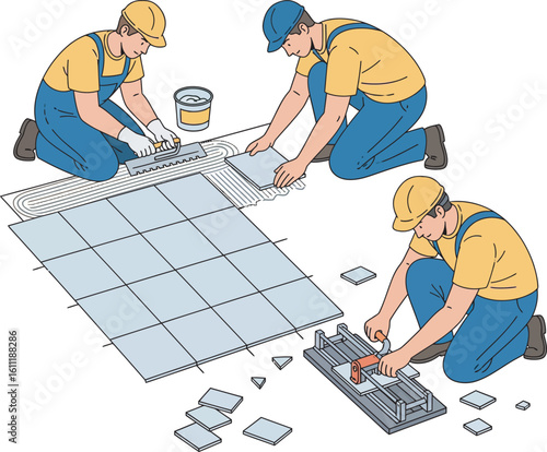 Construction workers laying tiles, showing different stages of the process.