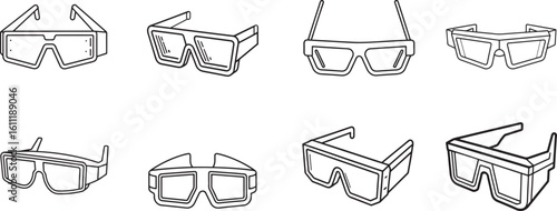 Vector icon pack of anaglyph and polarized 3D glasses from multiple angles, suitable for cinema and entertainment design concepts.