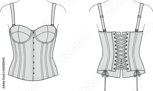 CAD drawing flat vector illustration of corset design, front and back views, lace-up detailing, garment construction sketch, fashion apparel layout, technical clothing template