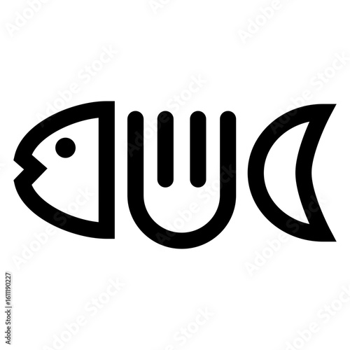 Logo Seafood. Icono con cabeza y tenedor como espina de pescado para restaurante