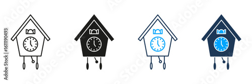 Cuckoo Clock Line And Solid Icon Set. Traditional Timekeeping And Home Decor Symbol Collection. Vintage Style, Pendulum, And Clock Face Design. Isolated Vector Illustration
