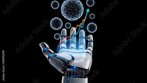 A futuristic robotic hand holding an upward-trending financial chart with glowing digital spheres, symbolizing AI-driven growth, data innovation, and technological advancements.