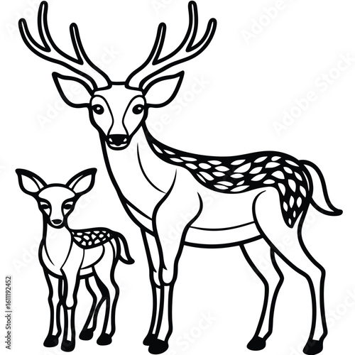 Delicate One-Line Art Depicting a Caring Mother Deer with Her Fawns
