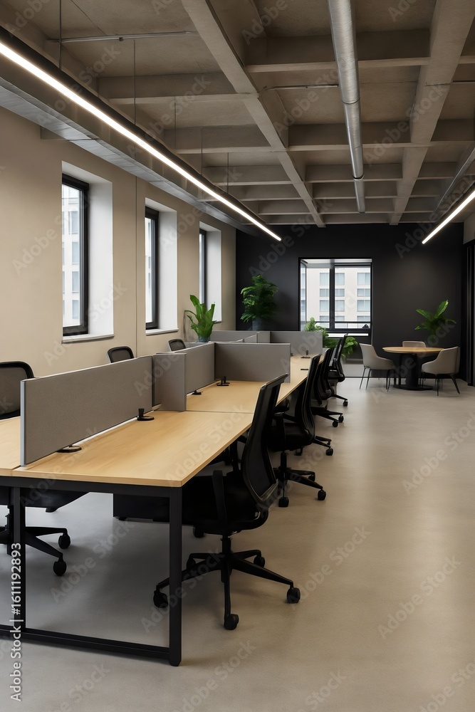 Fototapeta premium Contemporary Open Office Space with Partitioned Workstations and Natural Lighting
