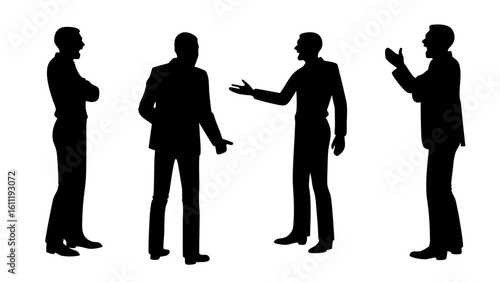 Silhouette illustration of four men in suits engaged in a heated discussion with intense body language