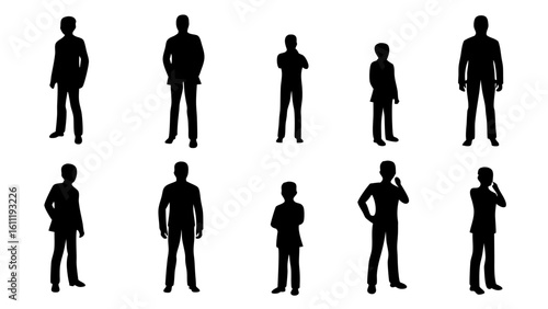 Silhouettes of ten standing people in various poses against a white background in a vector graphic