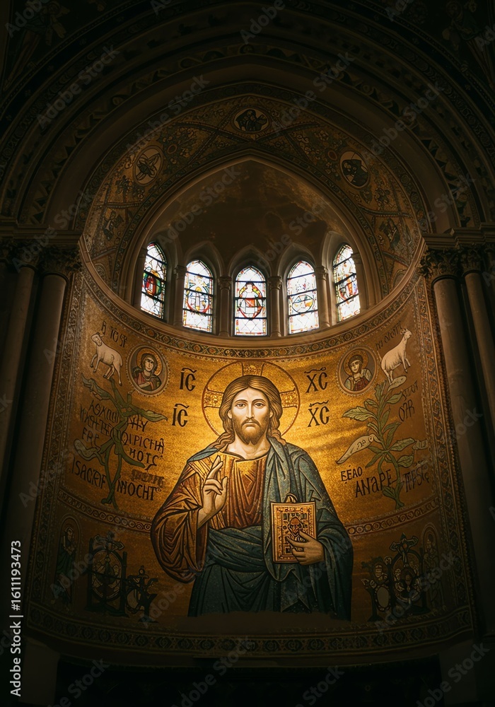 Obraz premium Religious Christian Icon of Jesus Christ in Gold Mosaics Inside Church with Stained Glass Windows
