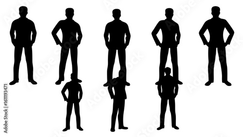 Silhouette of seven men with two standing on shoulders in a white background in a group setting
