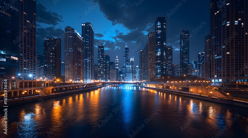 Naklejka premium Majestic Chicago Skyline Night Reflection