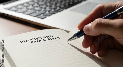 Reviewing corporate policies and procedures manual for business compliance.