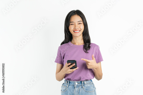 Smiling asian woman hand holding smartphone on white background.
