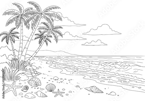 Serene tropical beach scene with palm trees, starfish, and seashells scattered on the shore