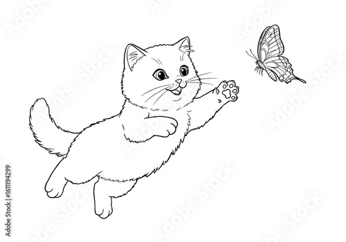 Playful kitten leaps joyfully to catch a delicate butterfly in a whimsical pursuit