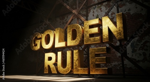 Majestic Golden Rule 3D Text Illuminated in Grungy Industrial Setting