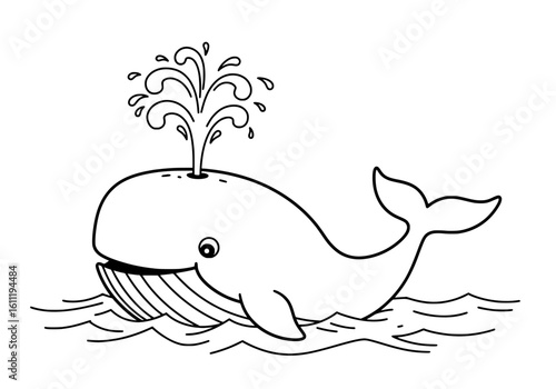 Joyful whale spouting water in stylized ocean waves, perfect for children's books and playful designs