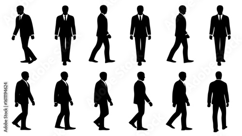 Silhouettes of men in suits walking and standing in various poses against a white background