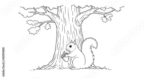 Charming squirrel with acorn under a majestic oak tree, perfect for nature and autumn designs