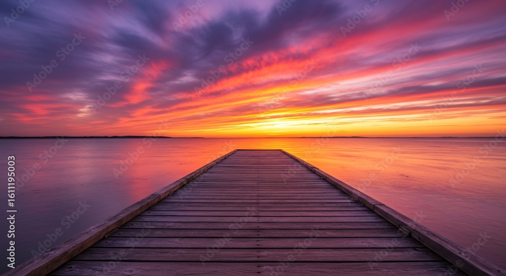 Fototapeta premium Long wooden pier leading into the ocean during a dramatic and colorful sunset.
