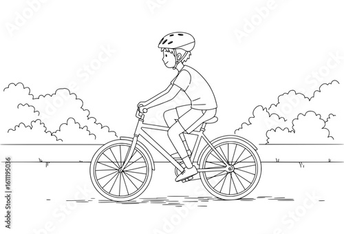 Young child confidently rides a bicycle wearing a helmet, enjoying outdoor activity and freedom