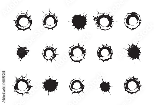 Bullet holes elements silhouette set. Isolated on white background