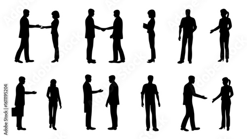 Silhouette depictions of business people engaging in various interactions and professional activities seen here