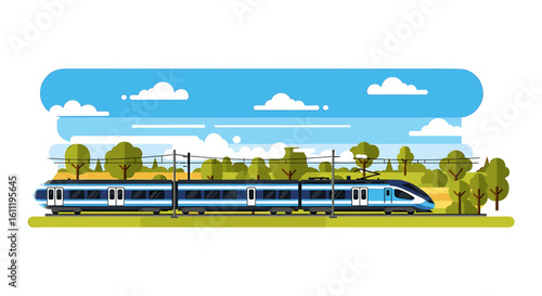 High-speed train traveling through a scenic countryside landscape under a bright summer sky.