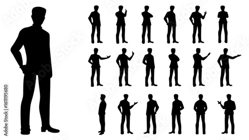 Silhouette illustration of various men in different poses standing and gesturing on a white background