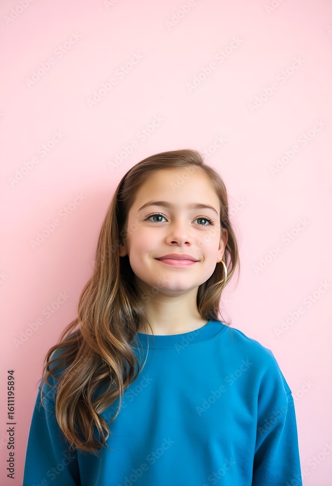 Portrait of a young girl with green eyes and brown hair smiling on a pink background studio shot Portrait of a young girl with green eyes and brown hair smiling on a pink background studio shot